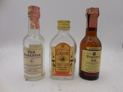 1970's 1/10 pint whiskey bottles Seagrams VO Gordons Dry Gin OLD Forester