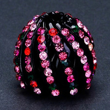 Women s Round Hair Clip Black Plastic with Colorful Rhinestone Accents