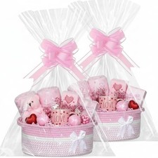 2 Pack Woven Gift Basket Empty with Ribbon Bow, 12''x 8''x 5'' Valentines Pink