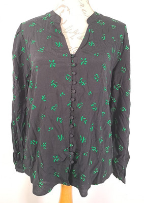 Apricot schwarz Kritzeldruck V-Ausschnitt offener Ausschnitt Knopfleiste Bluse neu mit Etikett Größe UK 12