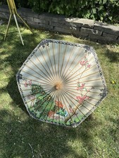 Vintage Hand Painted Japanese Bamboo Rice Paper Wood Umbrella Parasol