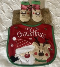 Nwt NEW Baby Essentials My First Red Christmas Bib  Socks Santa Reindeer