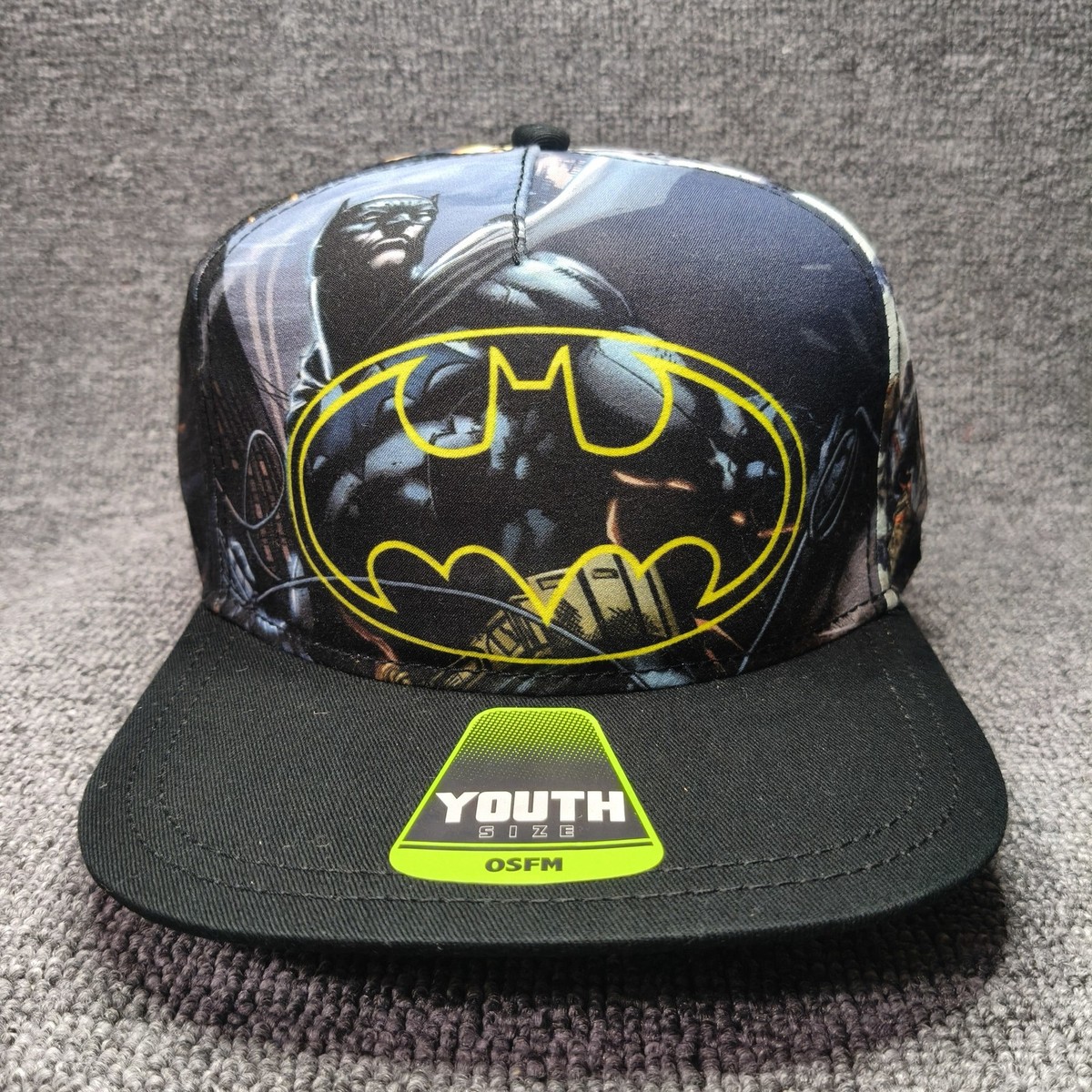 Batman OSFM Snapback Hat Black Flat Brim All Over Graphic Cap