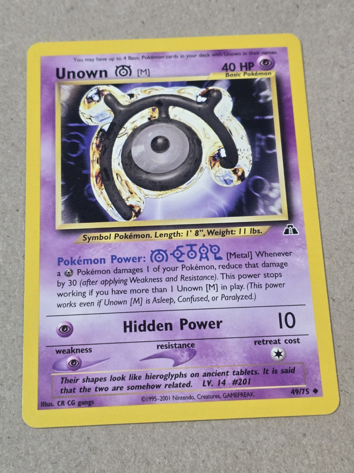 2001 POKEMON NEO DISCOVERY UNOWN CARD 49/75 BASIC 40 HP