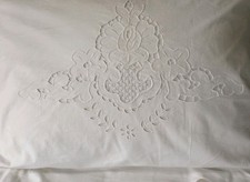 Vintage Cotton Pillow Sham w/ Embroidery, Needle Lace Cutwork. King Size