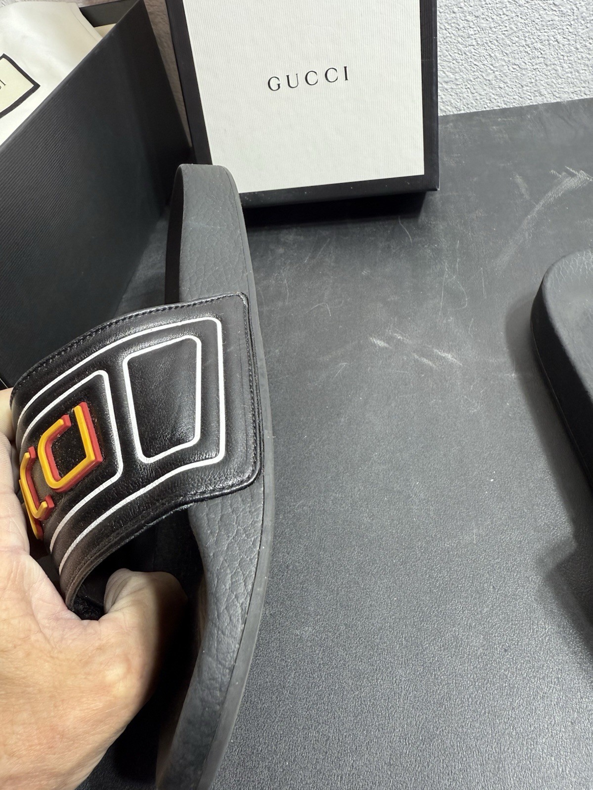 Gucci Black Slides Size 8 RARE Spelled Out Letters (authentic) Slightly Used image 7