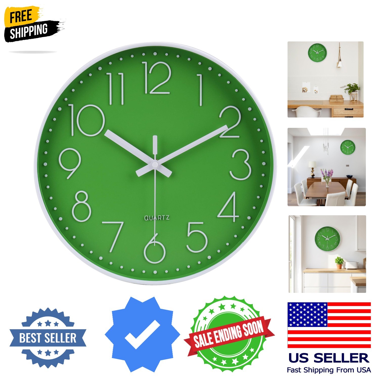 Modern Office Green Decor Wall Clock 12" Silent & Non-Ticking Battery Operate...