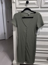 Womens GUESS Raylynn Ribbed Henley Mini Dress Medium Green