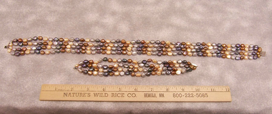 Set Necklace Bracelet Fresh Water Pearls Earth Tones Copper Bronze Gray Blue - Image 2 of 3