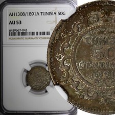 Tunezja Ali III srebro 1309 (1891) 50 centymów 1 rok typ NGC AU53 KM # 223(3)