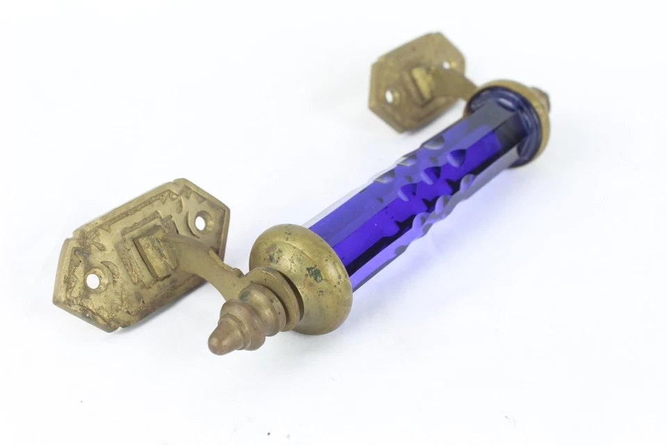 Antique Cobalt Blue Glass Door Handle Brass Fittings Victorian Era Decorative - Image 4 of 4