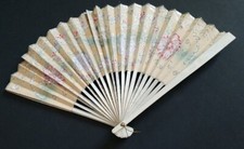 Vntg Floral Paper / painted Bamboo Ladies Hand Fan, LACE insert, Silver GLITTER