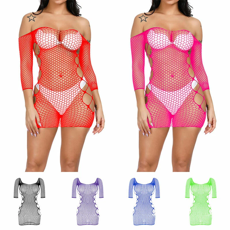 Nuisette Sexy En Résille Pour Femme Nuisette Extensible Mini-Robe À Manches / - Photo 3/4