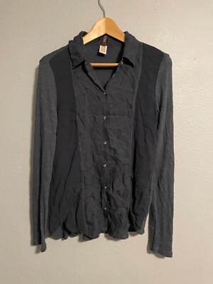 XCVI Womens Top XS Gray Button Up Contrast Sleeve Relaxed Neutral Lagenlook