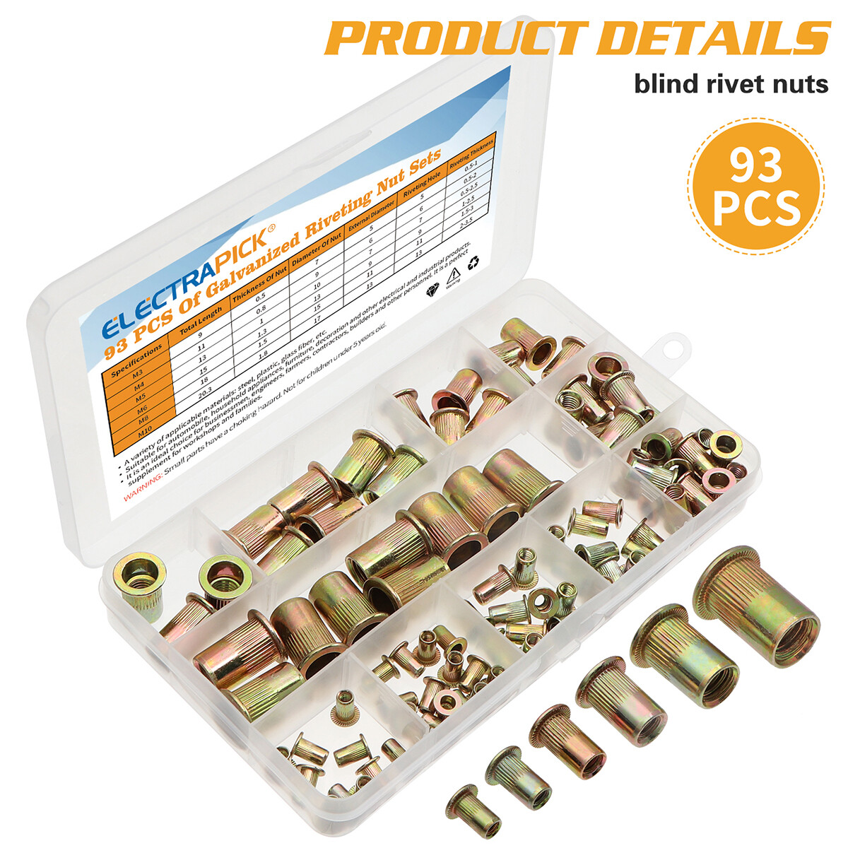 93Pcs Rivet Nuts Set Zinc Flat Head M3-M10 Metric Threaded Insert Nutsert  Kit