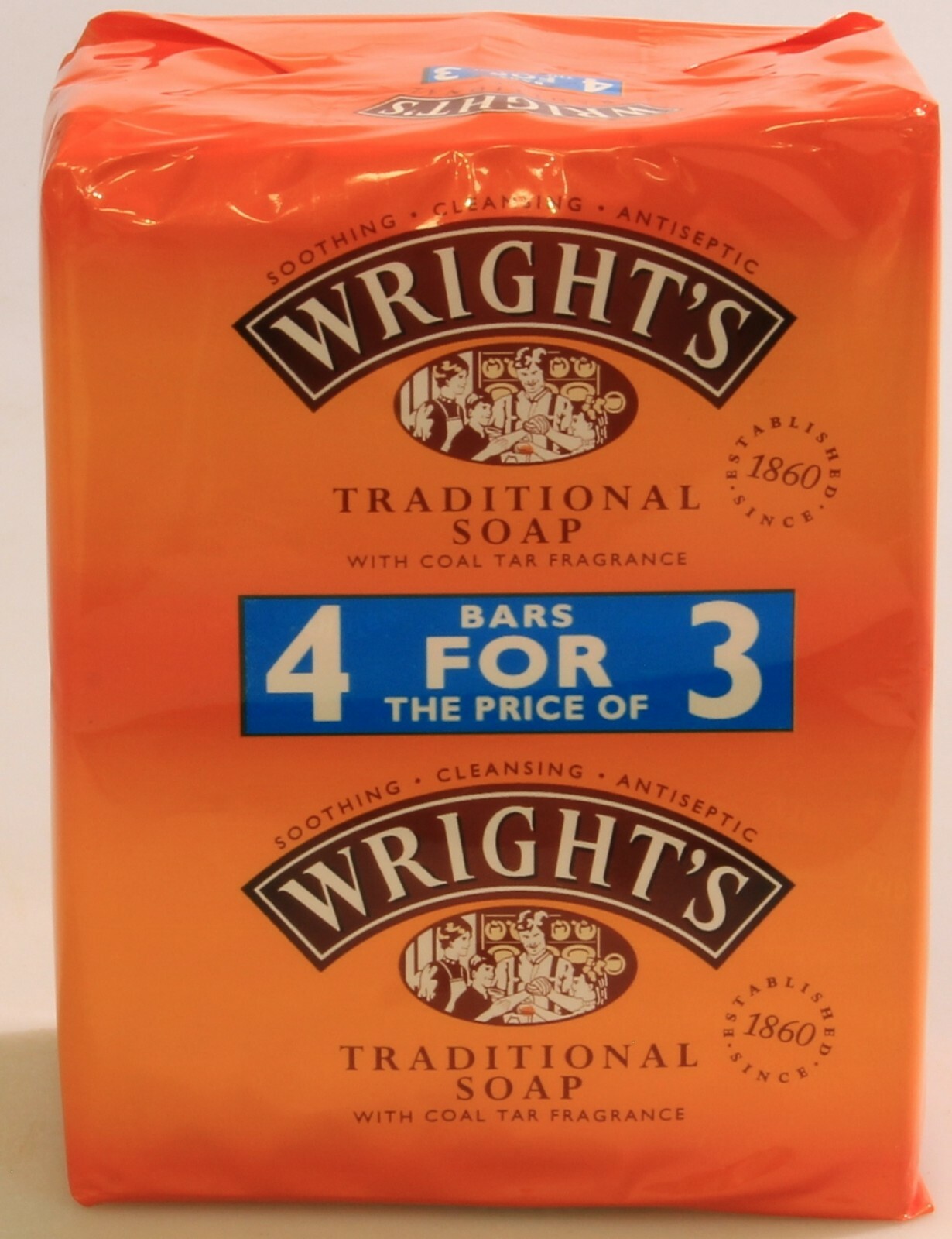 4 BARS WRIGHTS TRADITIONAL COAL TAR ANTISEPTIC CLEANSING FRAGRANCE SOAP