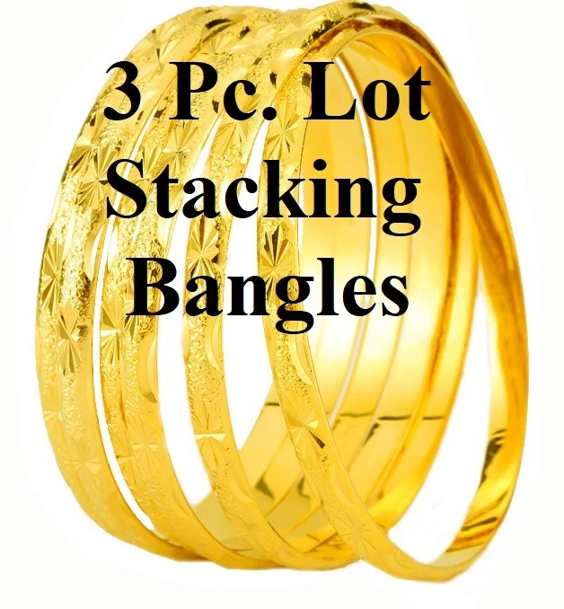 Brazaletes apilables sin cordones de corte de estrella talla 2-5/8 rellenos de oro de 18k 3 piezas Foto 2 de 4