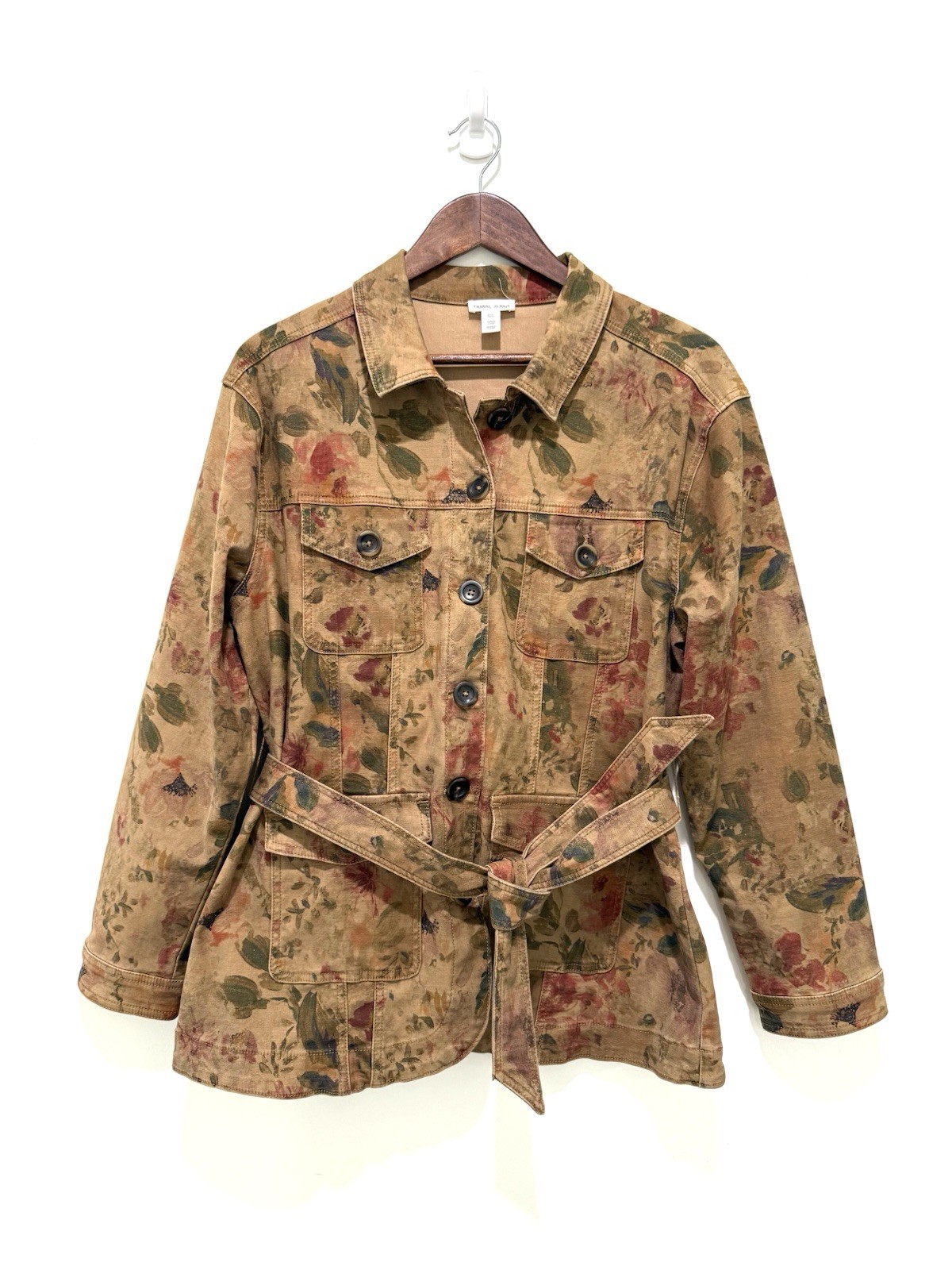 Tribal Jeans Brown Floral Print Trench Coat Jacket Fall Winter 2023 Large