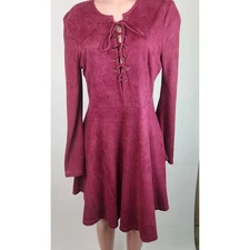 She + Sky Womens Lace Up Fit & Flare Bell Sleeve Mini Dress - Size L