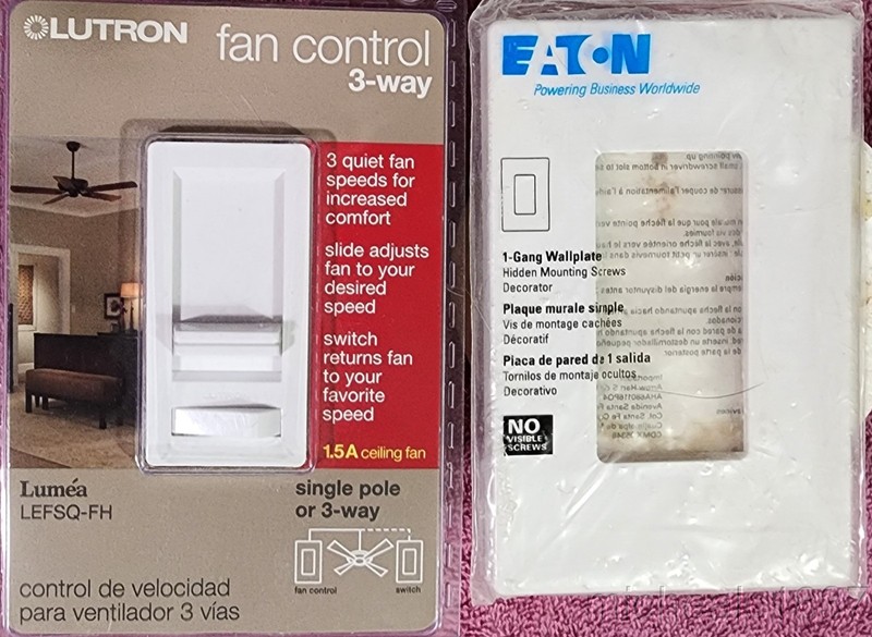 Lutron 3-Way Fan Controller and Eaton 1-Gang Hidden Screws Decor Wall Plate NEW!