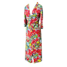 Vintage 70s Red Retro Floral Groovy House Coat Dress Polyester Small