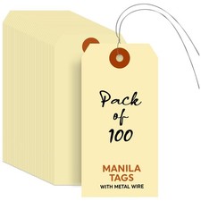 Durable 13pt Cardstock Manila Tags with Wire, 100 Pack