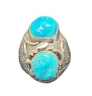 Double Turquoise Stone Sterling Silver Feather Ring Size 10 3/4 To 11, 26 Grams — photo 1