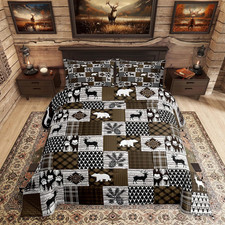 Lodge Plaid Comforter Set All Season Bear Deer Bedding Set with 2 Pillow Cases C