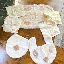 White/Beige Seashell Beach Fabric Bath Rug Set: Oval, Contour Rug  Lid Cover