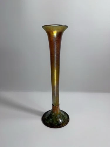Louis C Tiffany Furnaces Favrile Trumpet Vase Iridescent Glass Enamel Base 11”