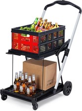 2Tier Collapsible Shopping Cart On Wheels, Portable Folding Grocery Cart