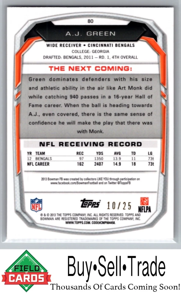 2013 Bowman 80 A.J. Green Red Foil /25 Bengals - Image 2 of 2
