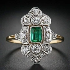 Art Deco Green Emerald & Lab Created Diamond Wedding 14Ct White Gold Finish Ring