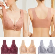 Women Front Fastening Firm Support Non Wired Lace Trim Bra Underwear Plus Size-