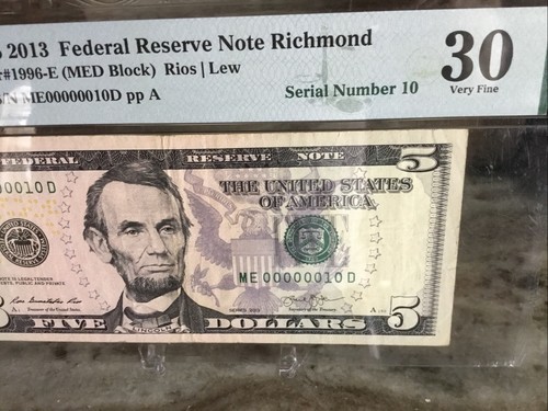 $5 2013Federal Reserve Note Richmond PMG 30 Low Serial No. 00000010 - Picture 4 of 10