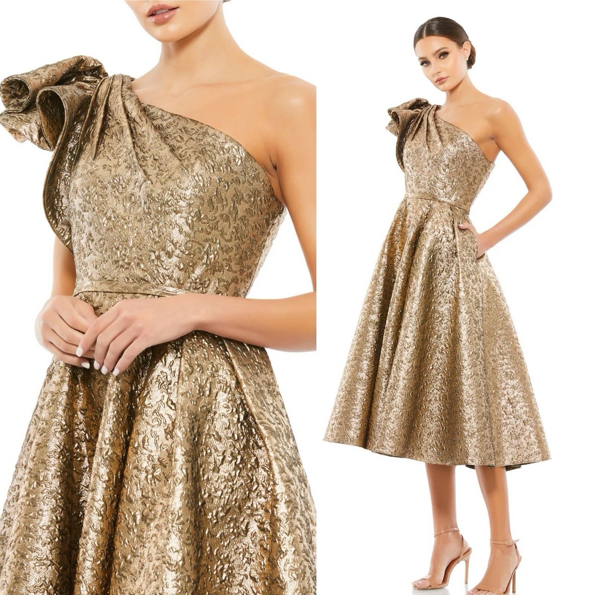 $498 Mac Duggal 67906 Bronze Metallic One Shoulder Bow Tea Midi Dress Size  2 NEW | eBay