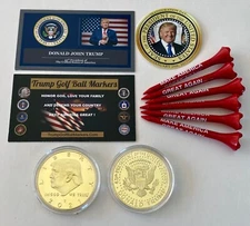 Trump Golf Ball Marker & Golf Tee Set ...2021  MAGA Liberty...+ 1 Decal ..Gold*