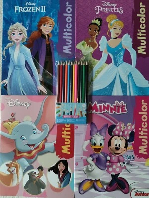 Walt Disney - Malbücher für Mädchen Bundle (4 Malbücher + 12 Buntstifte) NEU