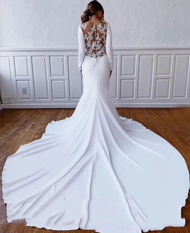 Vestidos de novia de sirena de satén mangas largas encaje espalda barrido tren vestidos de novia Foto 3 de 4