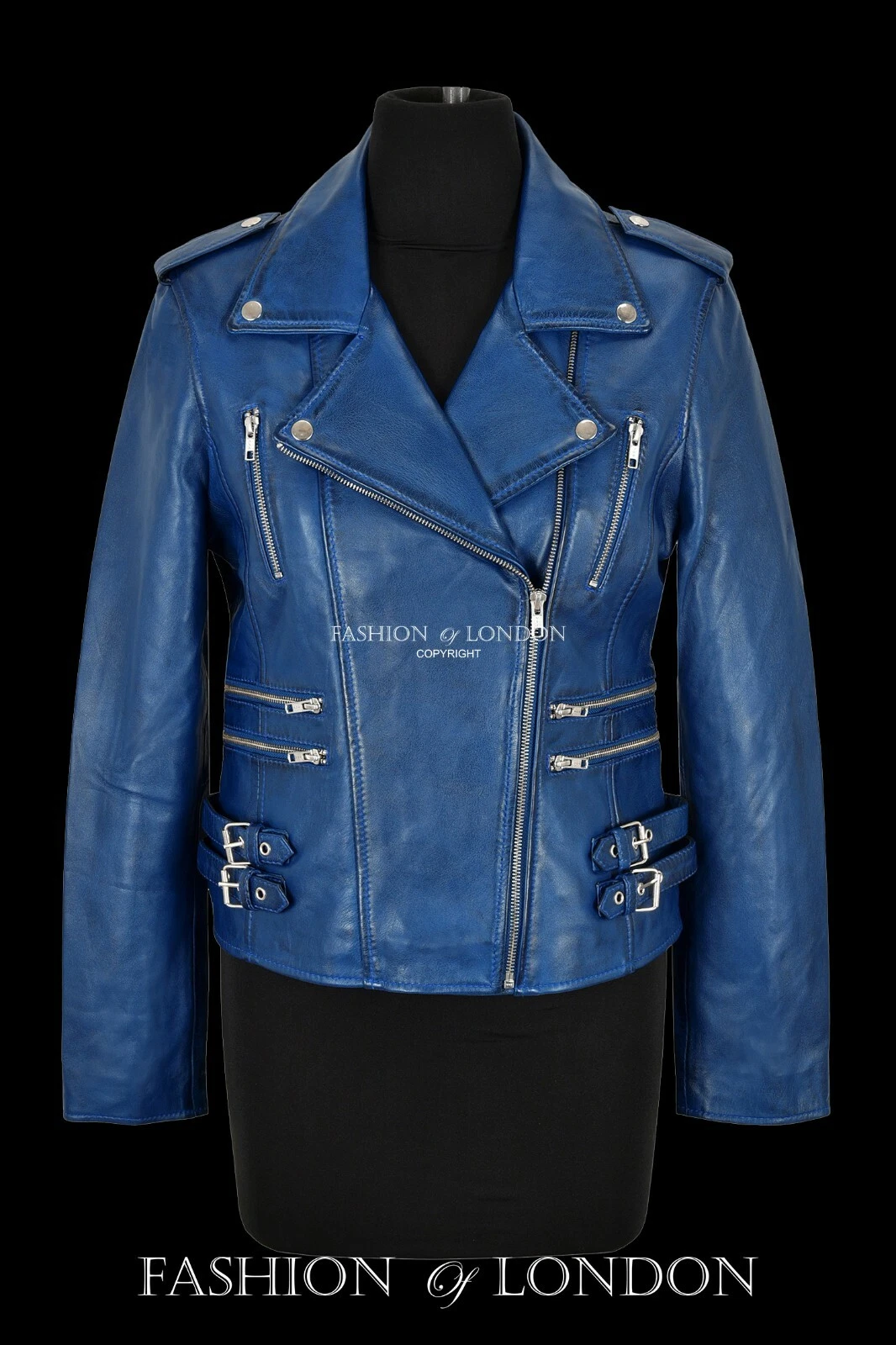 Model Women's Biker Leather Jacket Blue Real Napa Classic Fashion Casual Style