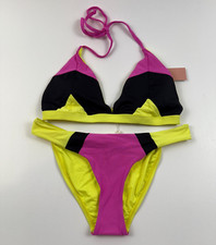 PilyQ Triangle HalterBikini Top Sz D High Waist Bottom Sz M Set Multicolor NWT