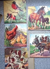 Vintage Jigsaw Puzzle Animals Set 5 Dog Horse Pony Rooster Puppy Bird Donkey R2