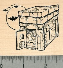 Halloween Mausoleum Rubber Stamp, with Casket and Bats, Cemetery K37111 WM