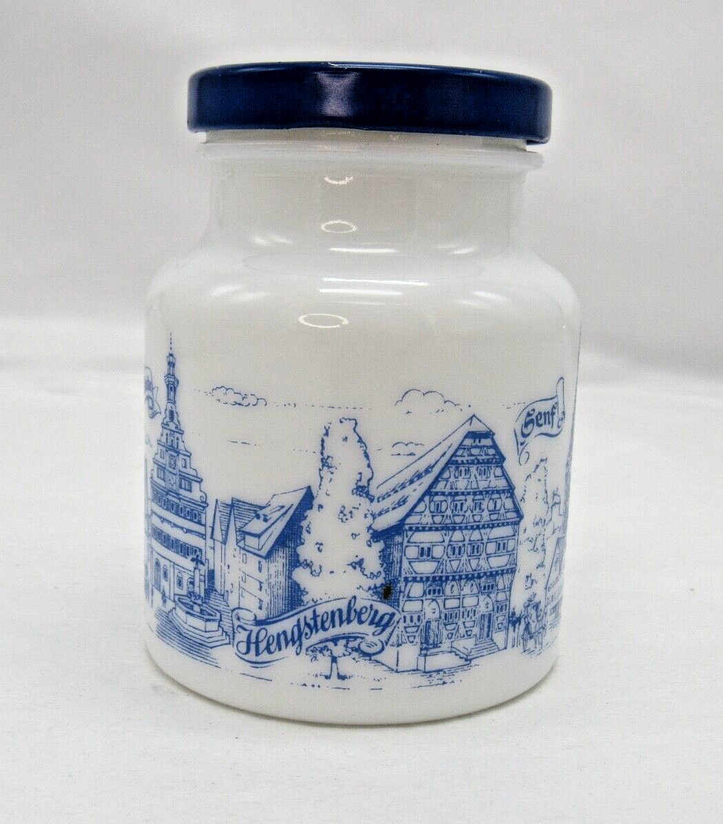 Vintage Milk Glass Mustard Jar Hengstenberg Germany White w/ Blue Lid