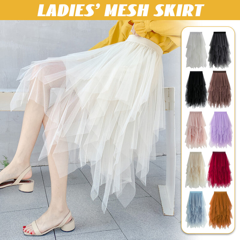 Falda de malla irregular en capas de color liso vintage para mujer falda de burbuja de tul