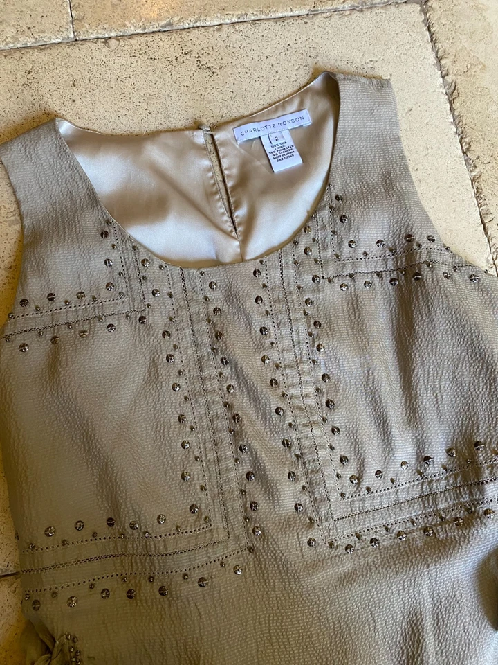 Charlotte Ronson Grey 100% Silk Studded Tie Side Mini Dress Indie Sleaze Size 2 - Image 2 of 4