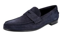 Prada Wildleder Penny Loafer Business Schuhe Logo Absatz Blau Neu - 10,5 44,5