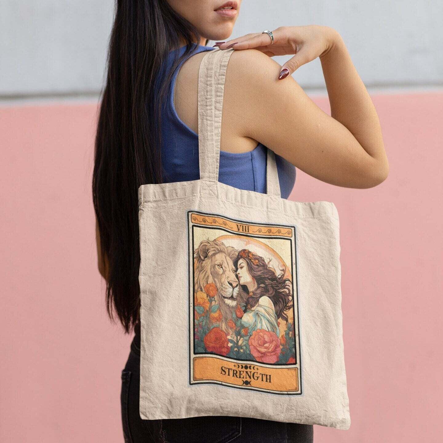 Strength Tarot Card Tote Bag - 15x16 Inch Durable Canvas Bag with Classic Tarot Design  