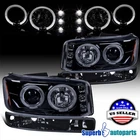 Fits 2000-2006 GMC Yukon LED Halo Projector Headlights+Bumper Lamps Smoke