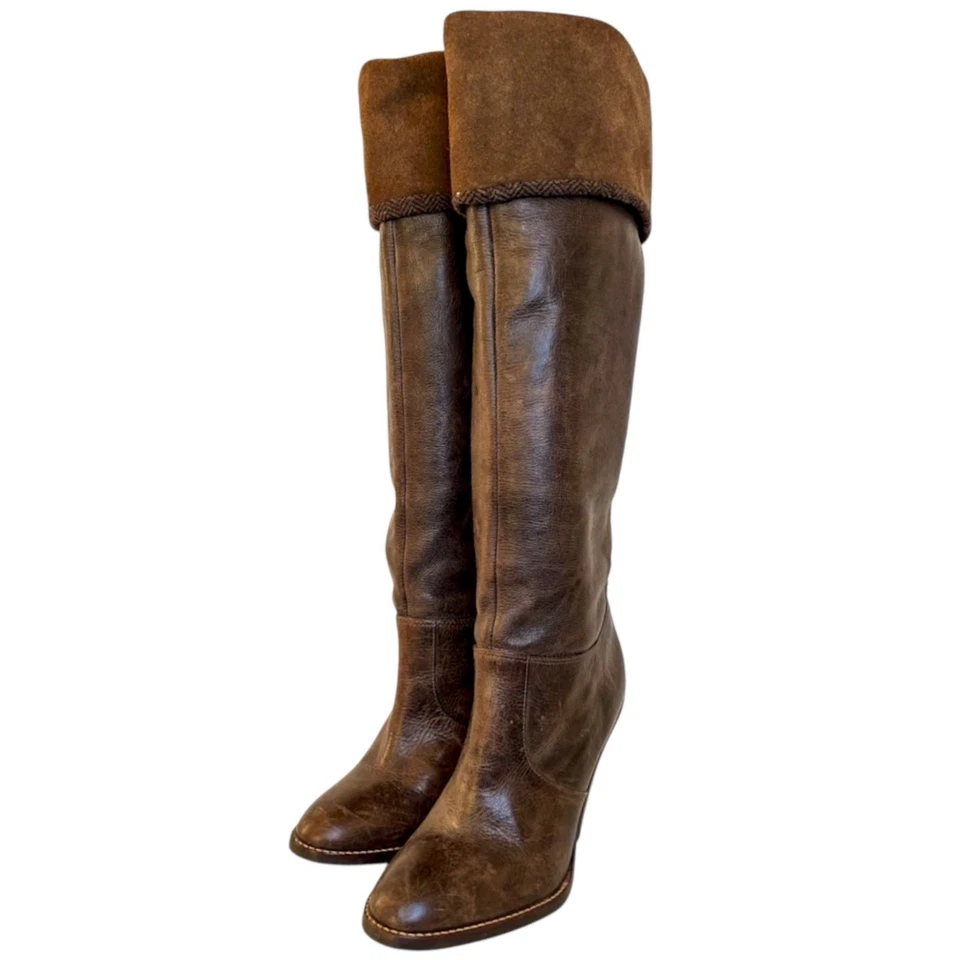 Steve Madden Mott Suede Cuff Tall Heeled Leather Boots 7 Herringbone Trim Knee - Image 2 of 4